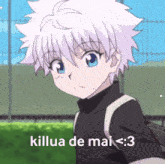 a cartoon character with white hair and blue eyes is standing in front of a fence and says killua de mai < 3 .
