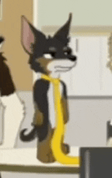 a cartoon dog wearing a yellow tie is standing in front of a laptop computer .
