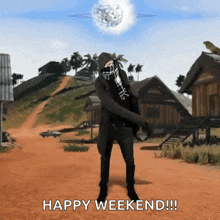 a man in a mask dancing in a video game with the words happy weekend written below him