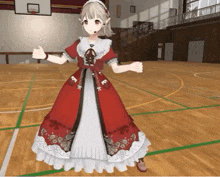 a girl in a red and white dress is standing in a gym