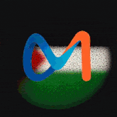 a blue and orange letter m in front of a green white and red background