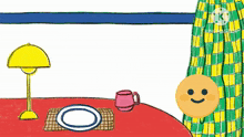 a cartoon drawing of a table with a plate and a cup on it