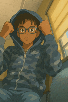 a boy wearing glasses and a blue hoodie adjusts his hood