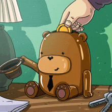 a cartoon drawing of a teddy bear putting a coin into it