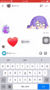 a screenshot of a phone with a purple haired girl and a heart