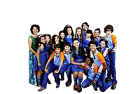 a group of children posing for a picture with a woman standing between them