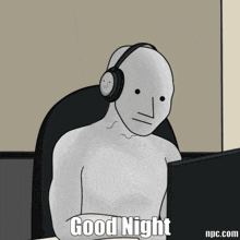 a cartoon of a man wearing headphones that says good night on the bottom