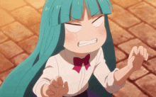 a girl with long blue hair and a bow tie making a funny face