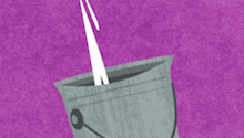 a bucket with a handle on a purple background with a white object coming out of it