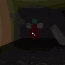 a person in a red shirt is standing in a dark room with a white arrow pointing up .
