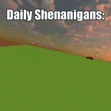 a red car is flying through the air with the words daily shenanigans written below it