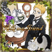 a picture of a man sitting at a table with a rabbit and the words hello my friend