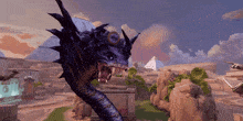 a purple dragon with a pyramid in the background is in a video game