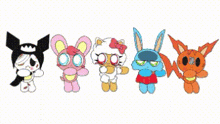 a bunch of stuffed animals are lined up in a row on a white background