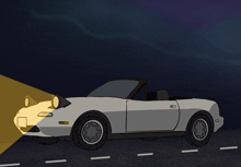 a cartoon drawing of a white car with a license plate that says ' a ' on it