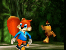 a cartoon squirrel wearing a blue jacket with the letter b on the front