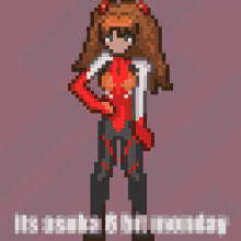 a pixel art of a girl in a red and black suit
