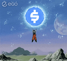 a cartoon character is flying through the air holding a coin with a dollar sign on it