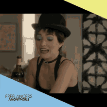 a woman in a top hat is holding a bottle of wine with the words freelancers anonymous on the bottom