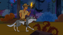a man riding on the back of a wolf in a forest