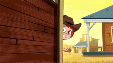 a cartoon of a girl in a cowboy hat peeking out of a doorway