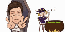 a cartoon of a man in a coffin and a cartoon of a girl in a witch costume