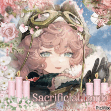 a picture of a girl with candles and the words sacrificial lamb on the bottom
