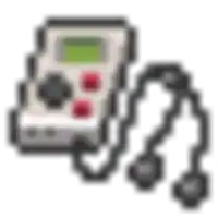 a pixel art illustration of a video game controller with ear buds attached to it .