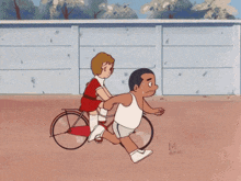 a cartoon of a boy riding a bike with a girl behind him