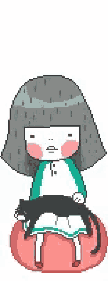 a pixel art drawing of a girl sitting on a pillow with a black cat .