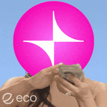 a woman is holding a bunch of money in front of a pink circle with the word eco on it