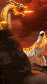 a dragon and a tiger are fighting each other in a painting