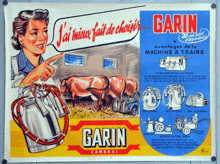 a poster with a woman pointing at a cow and the word garin on the bottom