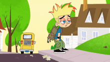 a cartoon of a boy with a backpack standing on a sidewalk next to a school bus