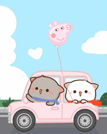 two cartoon cats are riding in a car with a peppa pig balloon