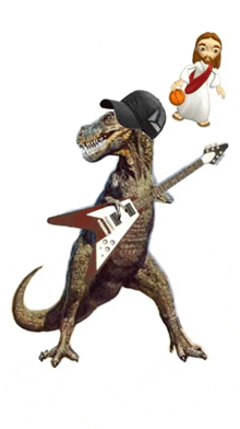 a dinosaur playing a guitar next to a cartoon of jesus holding a basketball