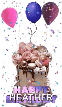 a birthday cake with balloons and confetti and the name heather on it .