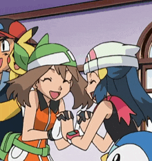 a group of cartoon characters are standing next to each other and laughing