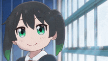 a cartoon girl with black hair and green eyes smiles for the camera
