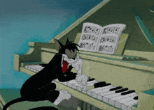 a cartoon of a cat playing a piano with a book of music in the background