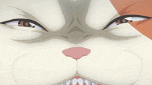 a close up of a cat 's face with its mouth open and teeth showing
