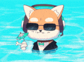 a dog wearing headphones and sunglasses is in the water holding a drink