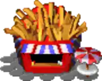 a pixel art illustration of a french fries stand with an umbrella