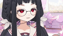 a girl with glasses and a choker with stitches on her neck