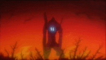 a silhouette of a robot with a light coming out of it 's head