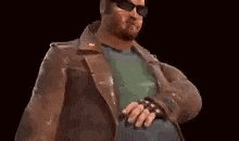 a man wearing sunglasses , a leather jacket , and a green shirt is standing in front of a black background .