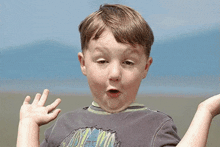 a young boy wearing a grey shirt with a mountain on it makes a funny face