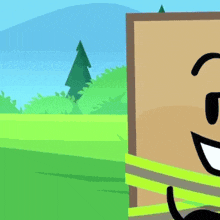 a cartoon light bulb is standing in a grassy field with trees in the background .