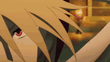 a close up of a anime character 's face with red eyes