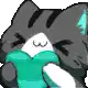 a pixel art drawing of a cat with a blue ear .